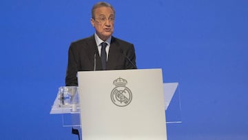 Florentino Pérez, en la Asamblea de Compromisarios del Real Madrid de este domingo.