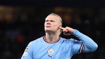 MANCHESTER, ENGLAND - APRIL 11: Erling Haaland of Manchester City celebrates after scoring the team's third goal during the UEFA Champions League quarterfinal first leg match between Manchester City and FC Bayern München at Etihad Stadium on April 11, 2023 in Manchester, England. (Photo by Catherine Ivill/Getty Images)