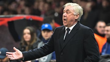 Real Madrid's Italian coach Carlo Ancelotti reacts during the UEFA Champions League, league phase - matchday 8 between Stade Brestois 29 (Brest) and Real Madrid CF at the Roudourou Stadium in Guingamp, north-western France, on January 29, 2025. (Photo by Damien MEYER / AFP)