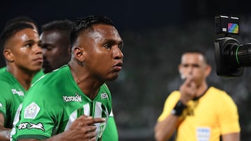 Nacional's forward #09 Alfredo Morelos celebrates after scoring during the Colombian League second leg football final match between Atletico Nacional and Deportes Tolima at the Atanasio Girardot Stadium in Medellin, Colombia on December 22, 2024. (Photo by Jaime SALDARRIAGA / AFP)