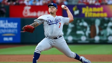 ST. LOUIS, MO - MAY 18: Starter Julio Urias #7 of the Los Angeles Dodgers delivers a pitch during the first inning against the St. Louis Cardinals at Busch Stadium on May 18, 2023 in St. Louis, Missouri.   Scott Kane/Getty Images/AFP (Photo by Scott Kane / GETTY IMAGES NORTH AMERICA / Getty Images via AFP)