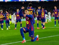 BARCELONA, 18/03/2026.- El delantero brasileño del Barcelona Raphinha celebra su segundo gol durante el partido de vuelta de los octavos de final de la Liga de Campeones disputado entre el Barcelona y el Newcastle, este miércoles en el Camp Nou. EFE/Alejandro García