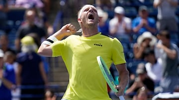 Aug 11, 2023; Toronto, Ontario, Canada; Alejandro Davidovich Fokina (ESP) reacts after defeating Mackenzie McDonald (not pictured) at Sobeys Stadium. Mandatory Credit: John E. Sokolowski-USA TODAY Sports