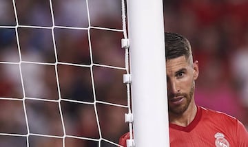 Sergio Ramos of Real Madrid CF reacts during the La Liga match between Sevilla FC and Real Madrid CF at Estadio Ramon Sanchez Pizjuan on September 26, 2018 in Seville, Spain.