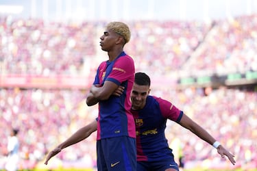 Lamine Yamal celebra el 2-2 al Real Madrid. 