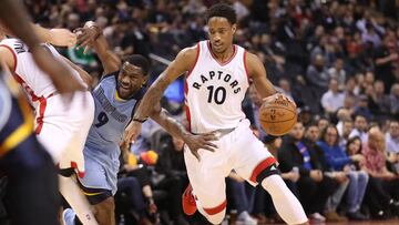 Nov 30, 2016; Toronto, Ontario, CAN; Toronto Raptors guard DeMar DeRozan (10) drives to the basket past Memphis Grizzlies guard Tony Allen (9) at Air Canada Centre. The Raptors beat the Grizzlies 120-105. Mandatory Credit: Tom Szczerbowski-USA TODAY Sports