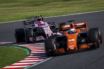 French Formula One driver Esteban Ocon of Sahara Force India F1 Team in action behind Spanish Formula One driver Fernando Alonso of McLaren-Honda.