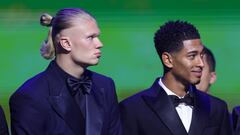 Soccer Football - 2023 Ballon d'Or - Chatelet Theatre, Paris, France - October 30, 2023 Manchester City's Erling Haaland and Real Madrid's Jude Bellingham during the awards REUTERS/Stephanie Lecocq