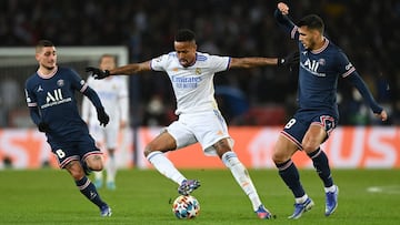 Militao, durante el PSG-Real Madrid. 