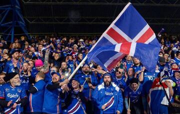 Iceland's fans celebrates at the FIFA World Cup 2018 qualification football match between Iceland and Kosovo in Reykjavik, Iceland on October 9, 2017.