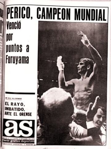 Portada del 22 de septiembre de 1974 de Diario AS. Mundial del superliugero en Roma. Perico Fernández ganó el cinturón por puntos al japonés Furuyama. El púgil español acabó con una costilla rota.