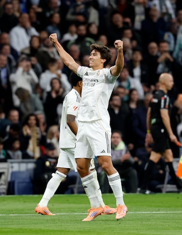 El jugador del Real Madrid, Gonzalo García, celebra el 1-0 al Real Betis. 
