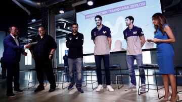 Alexander Dzikic, nuevo entrenador del Movistar Estudiantes, su ayudante Daniel Gómez, y los jugadores Edgar Vicedo y Darío Brizuela, durante la presentación del equipo.