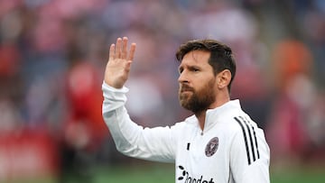 Jul 9, 2025; Foxborough, Massachusetts, USA; Inter Miami CF forward Lionel Messi (10) waves to fans before a game against the New England Revolution at Gillette Stadium. Mandatory Credit: Paul Rutherford-Imagn Images