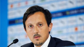 El presidente del Olympique de Marsella, Pablo Longoria, durante una rueda de prensa.