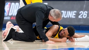 Jun 22, 2025; Oklahoma City, Oklahoma, USA; Indiana Pacers guard Tyrese Haliburton (0) reacts after suffering an injury during the first quarter against the Oklahoma City Thunder during game seven of the 2025 NBA Finals at Paycom Center. Mandatory Credit: Kyle Terada-Imagn Images TPX IMAGES OF THE DAY