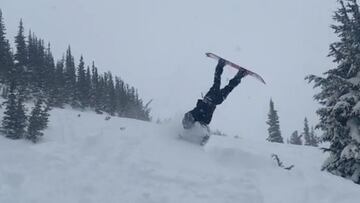 Steve Aoki en pleno backflip en snowboard.