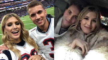 Genie Bouchard y John Goehrke posan con la camiseta de los Patriots antes de la Super Bowl LII entre los New England Patriots y los Philadelphia Eagles en el U.S. Bank Stadium de Minneapolis y tras la cita que tuvieron tras la Super Bowl 2017.