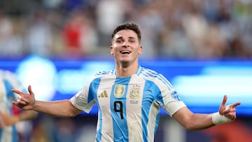 Argentina's forward #09 Julian Alvarez celebrates scoring his team's first goal during the Conmebol 2024 Copa America tournament semi-final football match between Argentina and Canada at MetLife Stadium, in East Rutherford, New Jersey on July 9, 2024. (Photo by CHARLY TRIBALLEAU / AFP)