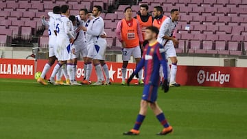 BARCELONA, SPAIN - DECEMBER 29: Enrique &#039;Kike&#039; Garcia of SD Eibar celebrates with his teammates after he scores their first goal of the game during the La Liga Santander match between FC Barcelona and SD Eibar at Camp Nou on December 29, 2020 in