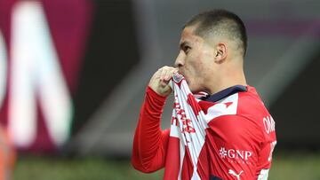   Juan Brigido celebrates his goal 2-0 of Guadalajara during the game Guadalajara vs Necaxa, corresponding to Round 03 of the Torneo Apertura 2023 of the Liga BBVA MX, at Akron Stadium, on July 13, 2023.
<br><br>
Juan Brigido celebra su gol 2-0 de Guadalajara durante el partido Guadalajara vs Necaxa, correspondiente a la Jornada 03 del Torneo Apertura 2023 de la Liga BBVA MX, en el Estadio Akron, el 13 de Julio de 2023.