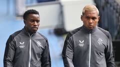 Rangers' Fashion Sakala and Alfredo Morelos arriving before the Champions League qualifying match at Ibrox, Glasgow. Picture date: Tuesday August 16, 2022. (Photo by Steve Welsh/PA Images via Getty Images)