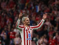 Soccer Football - UEFA Champions League - Quarter Final - Second Leg - Atletico Madrid v FC Barcelona - Riyadh Air Metropolitano, Madrid, Spain - April 14, 2026 Atletico Madrid's Antoine Griezmann celebrates after the match REUTERS/Gonzalo Fuentes