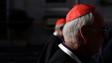 Cardinals Vicente Bokalic and Angel Sixto Rossi walk as they arrive for a general congregation meeting ahead of the conclave to elect the next pope, as seen from Rome, Italy, May 3, 2025. REUTERS/Amanda Perobelli