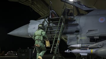 A Royal Air Force Typhoon aircraft is prepared to conduct further strikes against Houthi targets, February 24, 2024. AS1 Eoin Kirwan-Taylor RAF/UK MOD/Handout via REUTERS THIS IMAGE HAS BEEN SUPPLIED BY A THIRD PARTY. NO RESALES. NO ARCHIVES. MANDATORY CREDIT