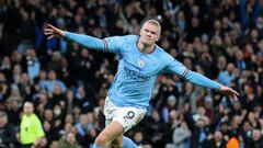 MANCHESTER, ENGLAND - MARCH 18: Manchester City's Erling Haaland celebrates scoring the opening goal during the Emirates FA Cup Quarter-Final match between Manchester City and Burnley at Etihad Stadium on March 18, 2023 in Manchester, England. (Photo by Alex Dodd - CameraSport via Getty Images)