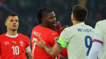 Soccer Football - Nations League - Group Stage - Switzerland v Serbia - Letzigrund, Zurich, Switzerland - November 15, 2024 Switzerland's Breel Embolo argues with Serbia's Aleksandar Mitrovic during the match REUTERS/Denis Balibouse