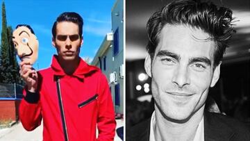 Im&aacute;genes del modelo y actor Jon Kortajarena con el traje rojo y la m&aacute;scara de los atracadores de &#039;La Casa de Papel&#039; y sonriendo.