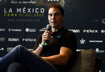 Spanish tennis player Rafael Nadal speaks during a press conference in Mexico City on December 1, 2022, ahead of the exhibition match against Norwegian player Casper Ruud. (Photo by CLAUDIO CRUZ / AFP)