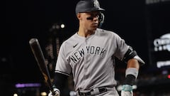 DETROIT, MICHIGAN - AUGUST 28: Aaron Judge #99 of the New York Yankees prepares to bat in the eighth inning while playing the Detroit Tigers at Comerica Park on August 28, 2023 in Detroit, Michigan.   Gregory Shamus/Getty Images/AFP (Photo by Gregory Shamus / GETTY IMAGES NORTH AMERICA / Getty Images via AFP)
