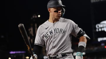 DETROIT, MICHIGAN - AUGUST 28: Aaron Judge #99 of the New York Yankees prepares to bat in the eighth inning while playing the Detroit Tigers at Comerica Park on August 28, 2023 in Detroit, Michigan.   Gregory Shamus/Getty Images/AFP (Photo by Gregory Shamus / GETTY IMAGES NORTH AMERICA / Getty Images via AFP)