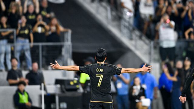 Sep 21, 2025; Los Angeles, California, USA; Los Angeles FC forward Son Heung-Min (7) celebrates after scoring a goal during the first half against Real Salt Lake at BMO Stadium. Mandatory Credit: Kelvin Kuo-Imagn Images