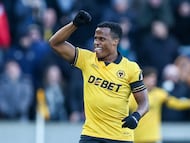 Jhon Arias of Wolverhampton Wanderers celebrates the goal during the Premier League match between Wolverhampton Wanderers and West Ham United at Molineux in Wolverhampton, United Kingdom, on January 3, 2026. (Photo by Stuart Leggett/MI News/NurPhoto via Getty Images)