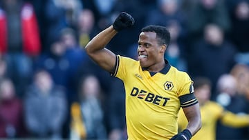 Jhon Arias of Wolverhampton Wanderers celebrates the goal during the Premier League match between Wolverhampton Wanderers and West Ham United at Molineux in Wolverhampton, United Kingdom, on January 3, 2026. (Photo by Stuart Leggett/MI News/NurPhoto via Getty Images)