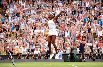 Cori Gauff celebrando su victoria en la tercera ronda, contra Polona Hercog de Eslovenia durante Wimbledon el 5 de julio de 2019. 