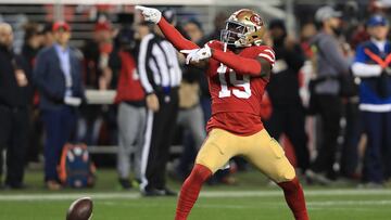 SANTA CLARA, CALIFORNIA - JANUARY 19: Deebo Samuel #19 of the San Francisco 49ers reacts after a play against the Green Bay Packers during the NFC Championship game at Levi's Stadium on January 19, 2020 in Santa Clara, California. (Photo by Sean M. Haffey/Getty Images)