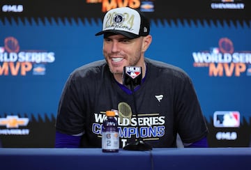 NEW YORK, NEW YORK - OCTOBER 30: Freddie Freeman #5 of the Los Angeles Dodgers talks to the media after the Dodgers defeated the New York Yankees 7-6 in game 5 to win the 2024 World Series at Yankee Stadium on October 30, 2024 in the Bronx borough of New York City.   Alex Slitz/Getty Images/AFP (Photo by Alex Slitz / GETTY IMAGES NORTH AMERICA / Getty Images via AFP)