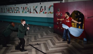 Mohamed Salah of Liverpool surprising school children for a 'Kop Kids' episode at Anfield, Liverpool, England.