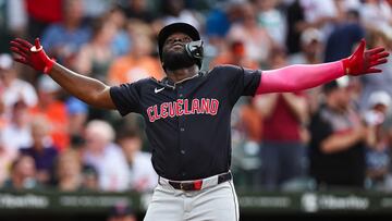BALTIMORE, MD - JUNE 26: Jhonkensy Noel #78 of the Cleveland Guardians celebrates a solo home run during his first major league at-bat in the second inning against the Baltimore Orioles at Oriole Park at Camden Yards on June 26, 2024 in Baltimore, Maryland. Jhonkensy Noel makes his major league debut. Scott Taetsch/Getty Images/AFP (Photo by Scott Taetsch / GETTY IMAGES NORTH AMERICA / Getty Images via AFP)