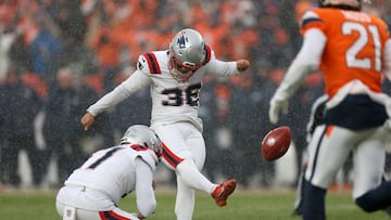DENVER, COLORADO - JANUARY 25: Andy Borregales #36 of the New England Patriots makes a field goal during the third quarter in the AFC Championship Playoff game against the Denver Broncos at Empower Field At Mile High on January 25, 2026 in Denver, Colorado. Matthew Stockman/Getty Images/AFP (Photo by MATTHEW STOCKMAN / GETTY IMAGES NORTH AMERICA / Getty Images via AFP)