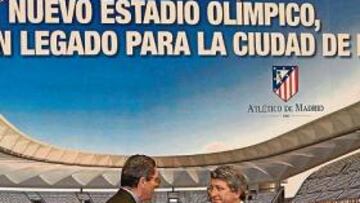 <b>JUNTOS EN LA CANDIDATURA OLÍMPICA.</b> Cerezo estrecha la mano de Gallardón bajo el lema Nuevo estadio olímpico, un legado para la ciudad de Madrid. Cerezo siguió en primera fila la alocución del alcalde con Manuel Cobo, vicealcalde, sentado a su derecha, mientras Miguel Ángel Gil Marín se ubicó a su derecha. Junto al consejero delegado del Atlético estaban también los representantes de la empresa cervecera Mahou, Juan Gervás, presidente, y José Antonio Herráiz, vicepresidente, cuya firma también ha sido importante para el proyecto Madrid-Río.