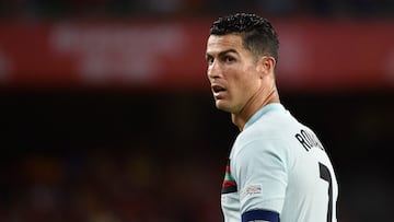 Portugal's forward Cristiano Ronaldo looks on during the UEFA Nations League, league A group 2 football match between Spain and Portugal, at the Benito Villamarin stadium in Seville on June 2, 2022. (Photo by CRISTINA QUICLER / AFP)