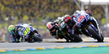 Maverick Viñales, Johann Zarco y Valentino Rossi.