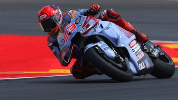 Ducati Spanish rider Marc Marquez rides during the MotoGP afternoon practice session of the Moto Grand Prix of Aragon at the Motorland circuit in Alcaniz on August 30, 2024. (Photo by Pierre-Philippe MARCOU / AFP)