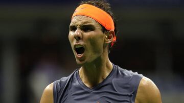 NEW YORK, NY - SEPTEMBER 04: Rafael Nadal of Spain reacts during the men's singles quarter-final match against Dominic Thiem of Austria on Day Nine of the 2018 US Open at the USTA Billie Jean King National Tennis Center on September 4, 2018 in the Fl