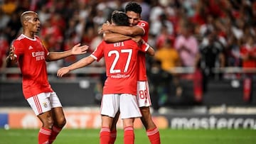 Benfica's Portuguese midfielder Rafa Silva (C) celebrates with Benfica's Portuguese midfielder Joao Mario (L) and Benfica's Portuguese forward Goncalo Ramos after scoring his team's second goal during the UEFA Champions League playoff second leg football match between SL Benfica and Dynamo Kiev at the Luz stadium in Lisbon on August 23, 2022. (Photo by PATRICIA DE MELO MOREIRA / AFP) (Photo by PATRICIA DE MELO MOREIRA/AFP via Getty Images)